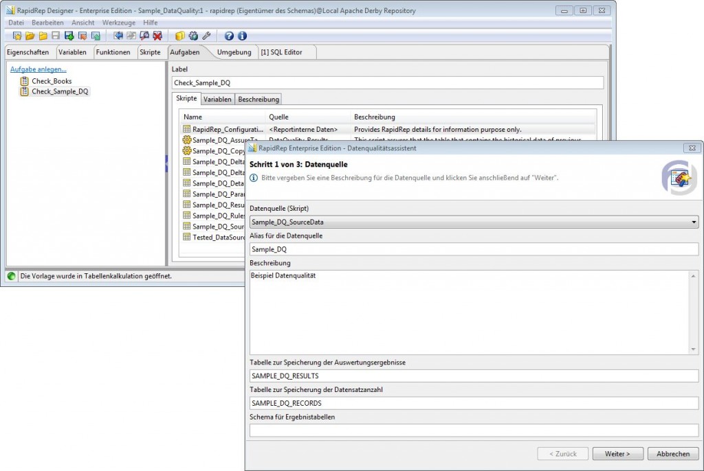 Bearbeitung einer bestehenden Datenqualitätsdefinition – Schritt 1 des Datenqualitätsassistenten nach Aufruf aus dem Kontextmenü der Aufgabe „Check_Sample_DQ“ im Designer