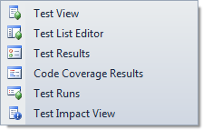 Screenshot: Menü Test → Fenster in Visual Studio 2010 mit Test View, Test List Editor und weiteren Einträgen