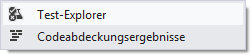 Screenshot: Menü Test → Fenster in Visual Studio 2012 mit nur Test-Explorer und Codeabdeckungsergebnisse