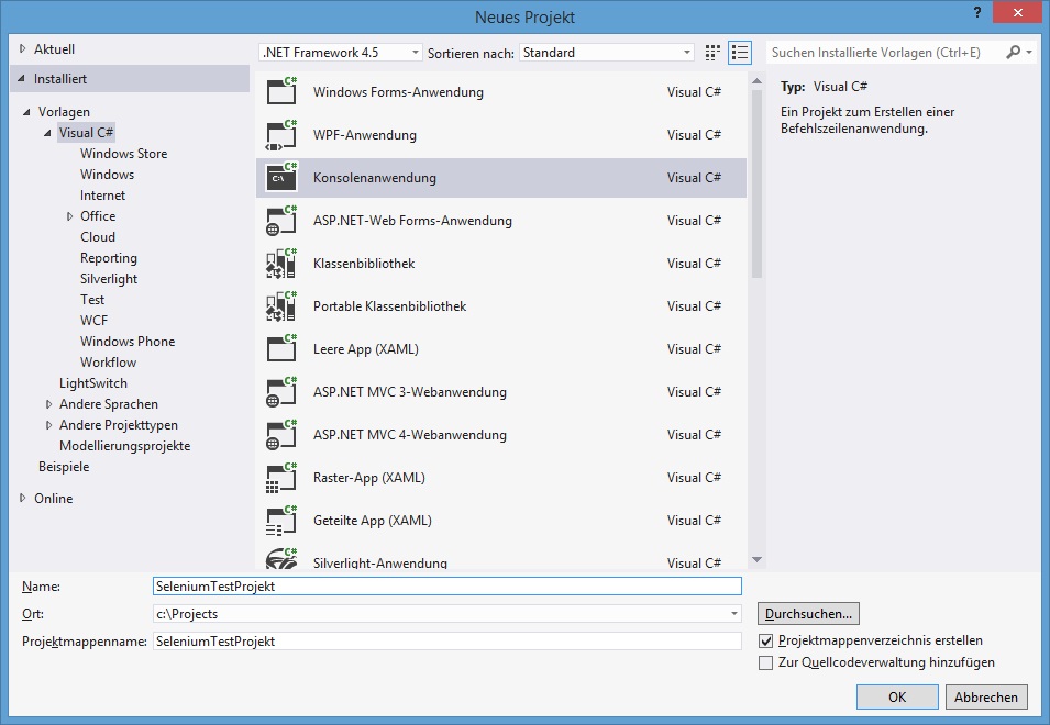 Selenium Tutorial C# Projekt anlegen