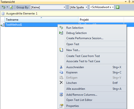 Screenshot: Kontextmenü eines Tests in Visual Studio 2010 mit dem Eintrag Associate Test to Test Case