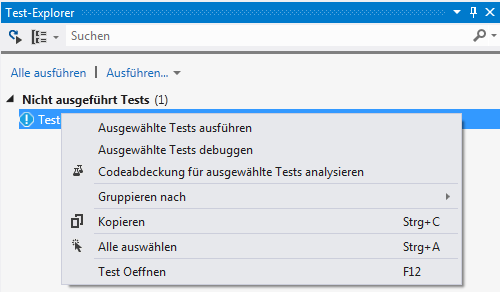 Screenshot: Kontextmenü im Test-Explorer von Visual Studio 2012 ohne Option zum Verknüpfen mit einem Testfall