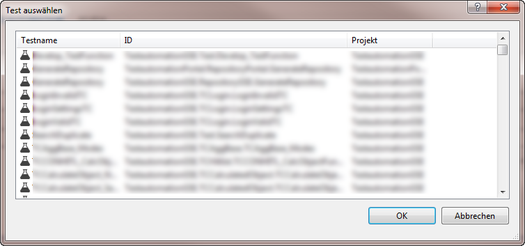 Screenshot: Dialog Test auswählen mit Liste von Testmethoden, Namen unkenntlich gemacht
