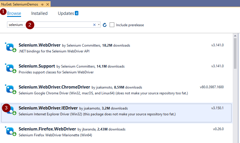 Selnium Interent Explorer Nuget Pakete