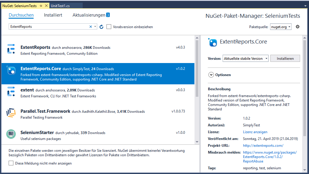 ExtentReports Nuget Package hinzufügen